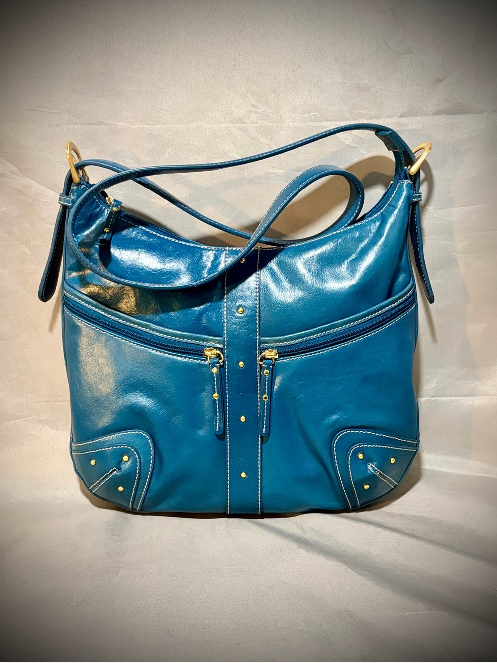 Maxx New York Vintage Y2K Teal Glazed Leather Hobo Utility Shoulder Bag